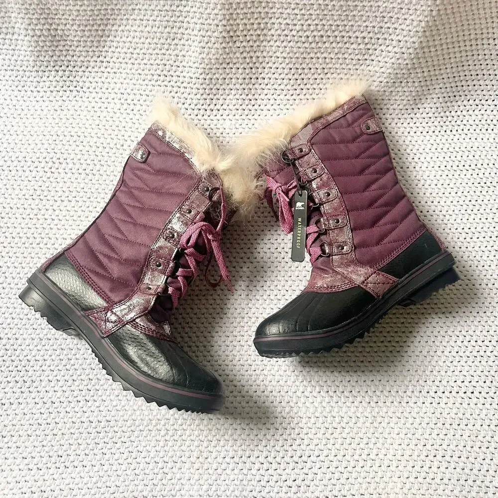 Sorel Purple Magenta Metallic Tofino Fur Mid Calf Winter Boots NY2325 7 Kids NWT